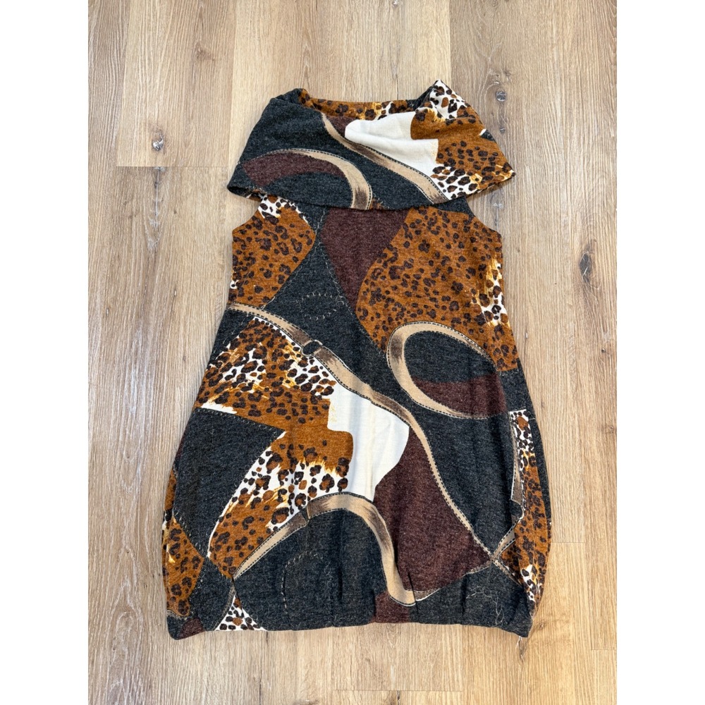Y2K Aryeh Whimsygoth Boho Tunic Top Women L Brown Leopard Cowl Neck Bubble Hem